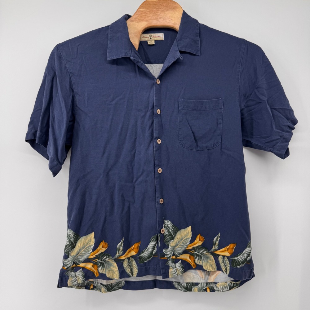 Tommy Bahama Button Down Mens‎ XL Navy Blue Silk Tropical Floral Hawaiian Shirt